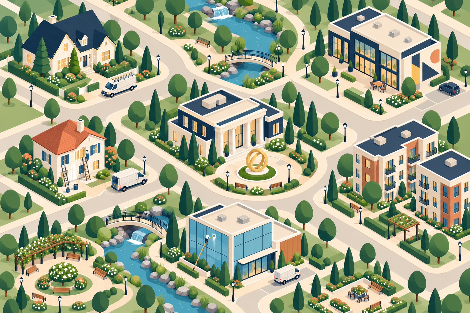 Illustrated neighborhood connecting a holiday-lit home, marketing studio, painting project, conceptual AEON center, apartment buildings, and a window-cleaning building.